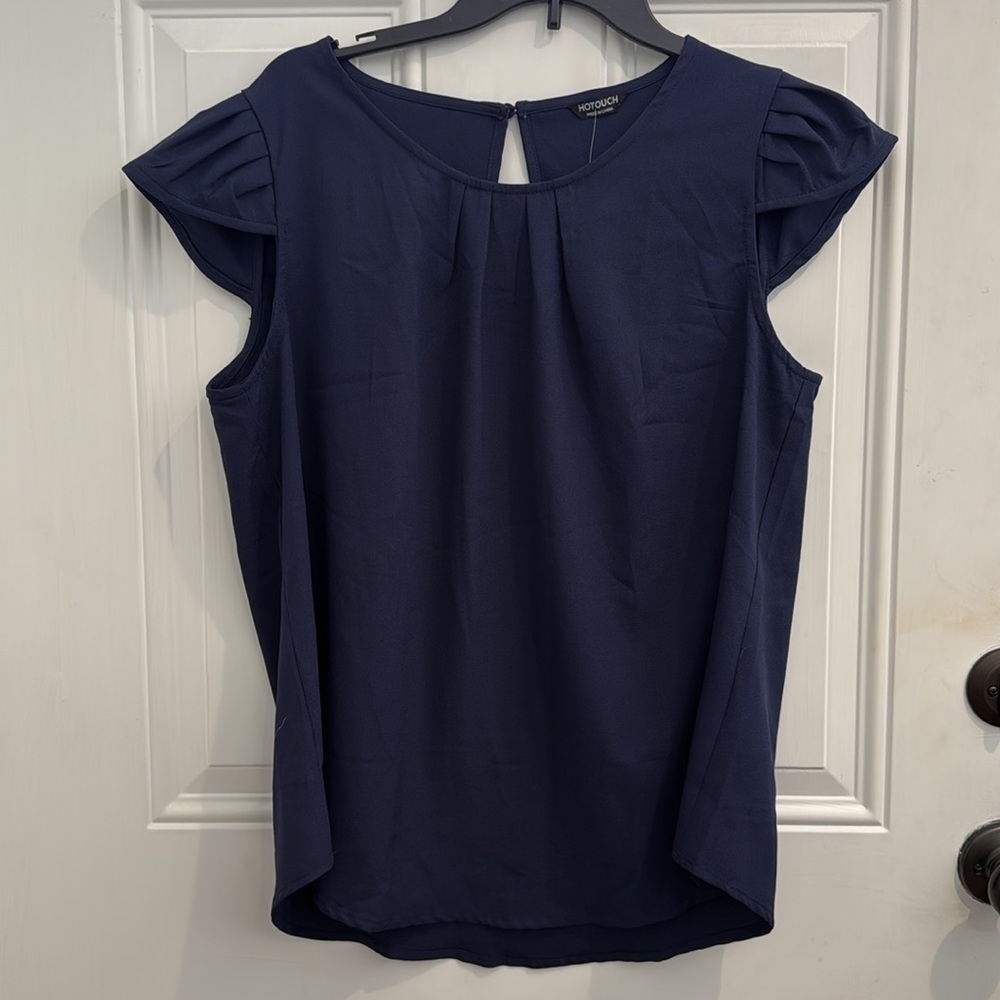 Hotouch Navy Pleated Petal Sleeve Blouse No Size Tag 21 In Pit To Pit Med L